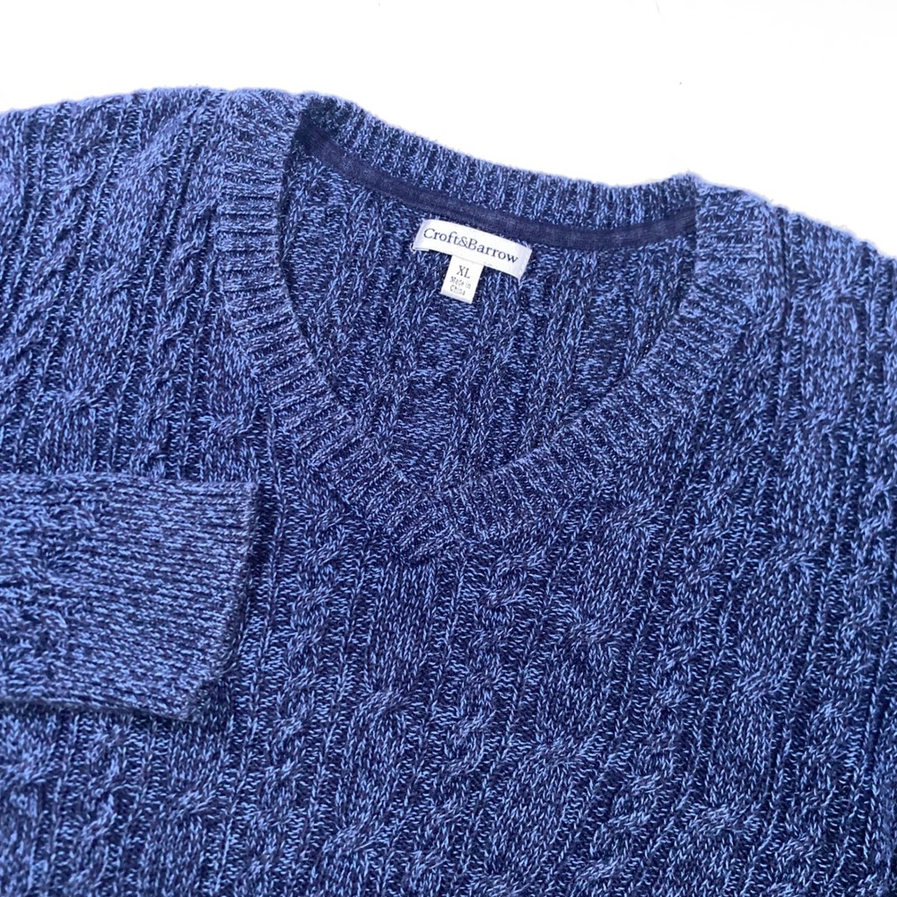 Croft & Barrow Mens XL Blue Marled Cable Knit V-Neck Pullover Sweater CC209